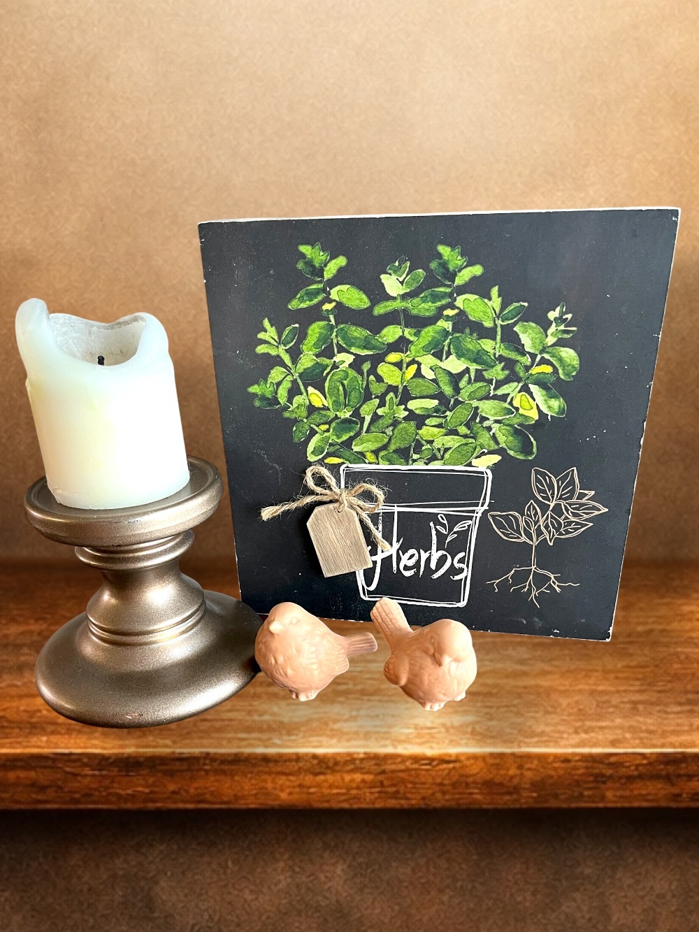 Cottagecore Rustic Decor: Herbs Sign, Bronze Candle Holder and Ceramic Birds
